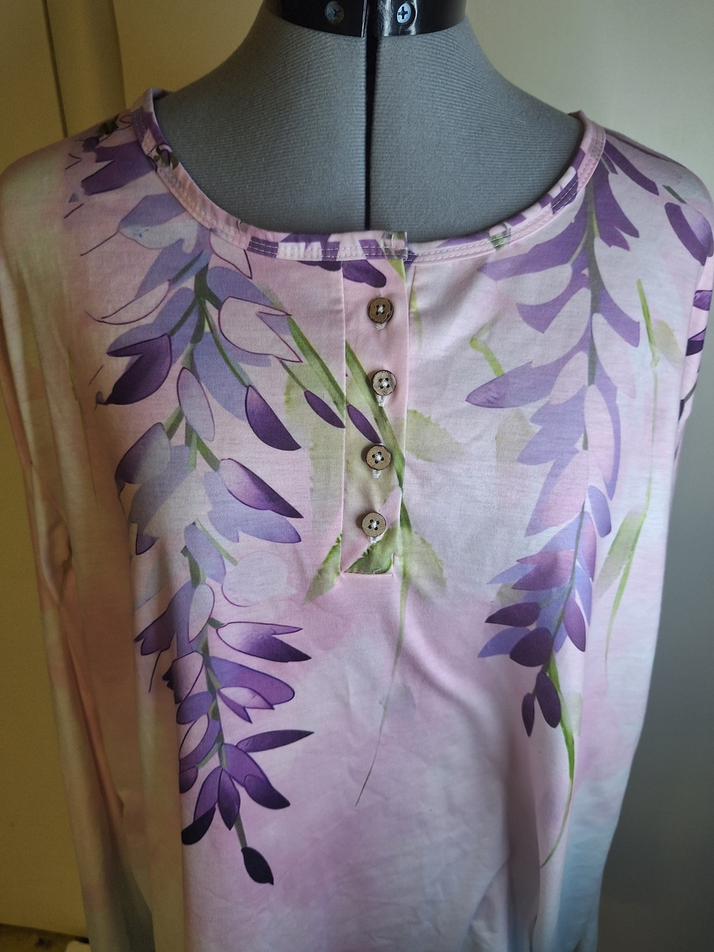 Women's Lavender Floral Henley Long Sleeve Top